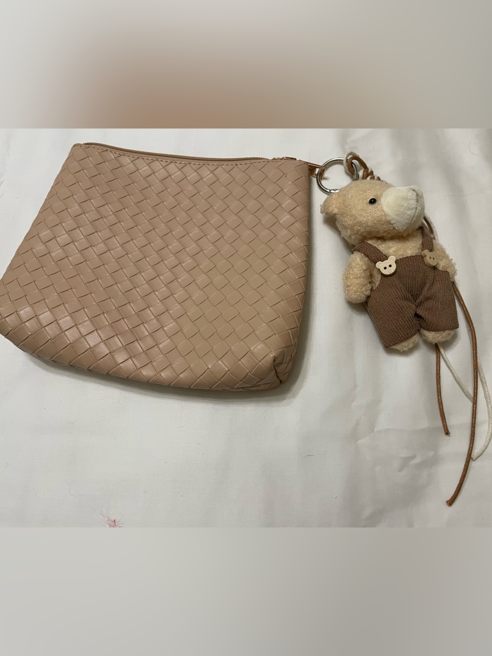 Woven vegan Leather Nude Clutch Bag with teddy bear detachable key ring NWOT